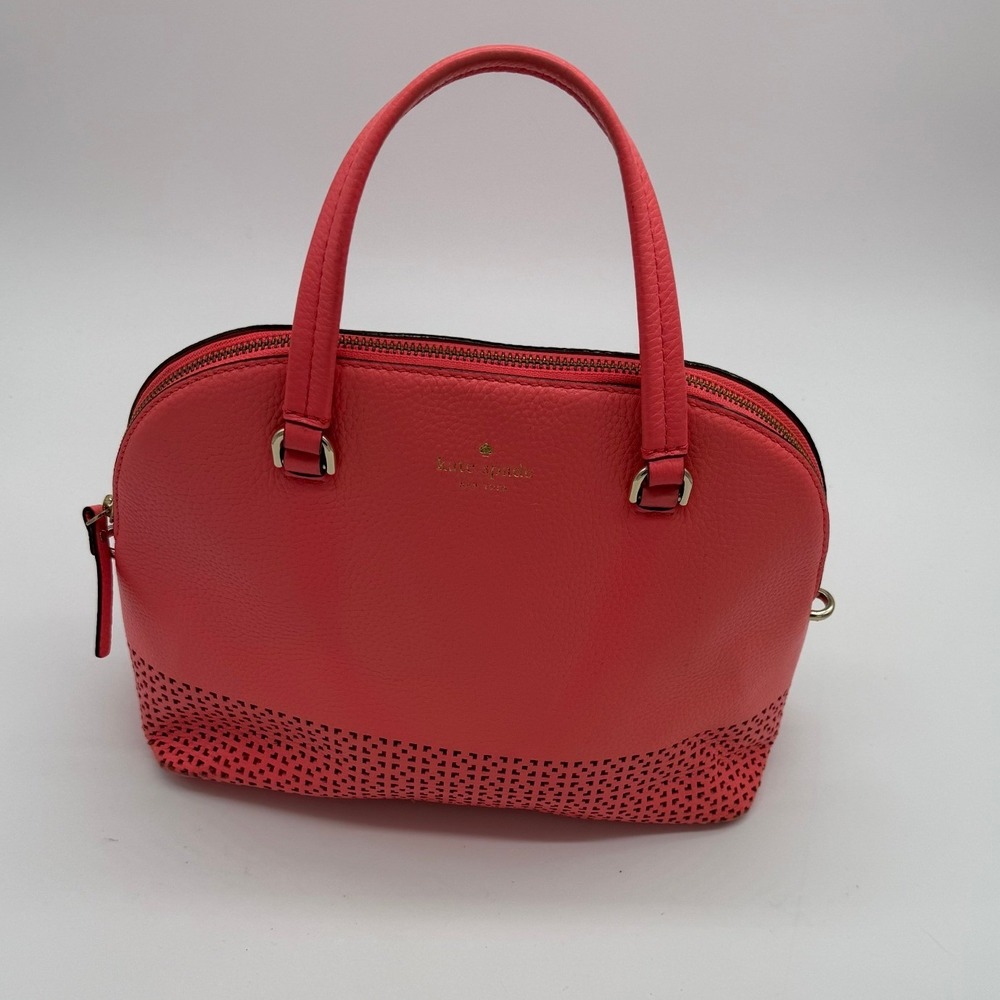Kate Spade New York Coral Pink Perforated Leather Dome Satchel Handbag PXRU5625